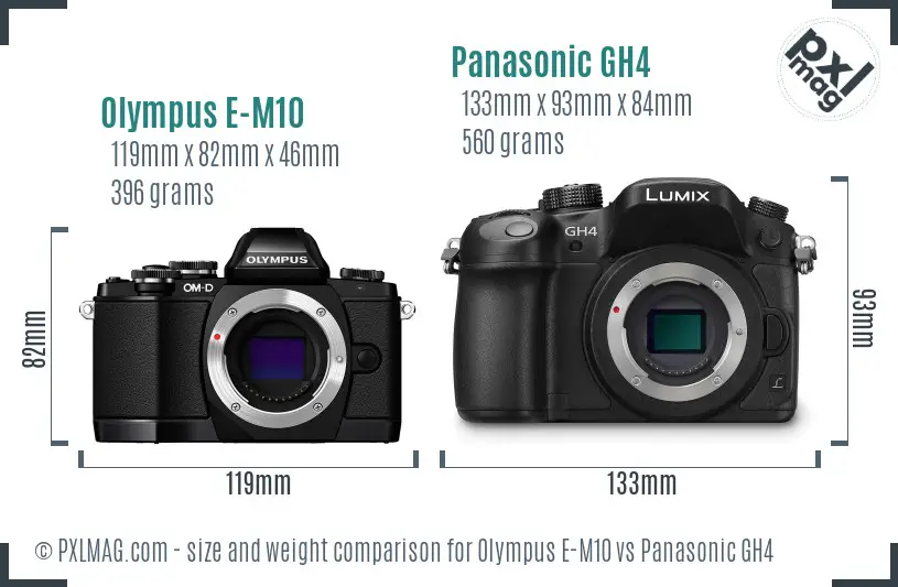 Olympus E-M10 vs Panasonic GH4 size comparison