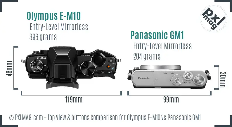 Olympus E-M10 vs Panasonic GM1 top view buttons comparison
