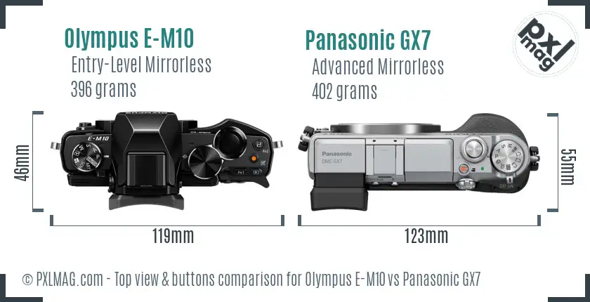 Olympus E-M10 vs Panasonic GX7 top view buttons comparison