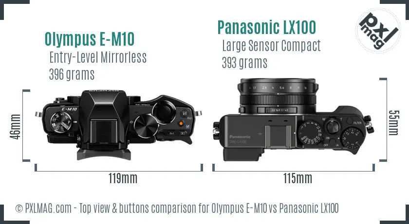 Olympus E-M10 vs Panasonic LX100 top view buttons comparison