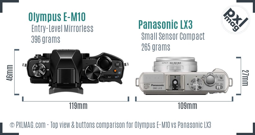 Olympus E-M10 vs Panasonic LX3 top view buttons comparison