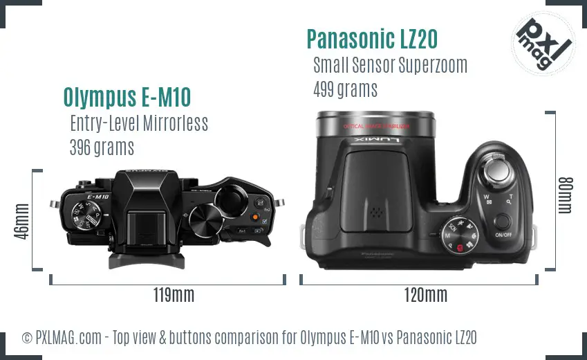 Olympus E-M10 vs Panasonic LZ20 top view buttons comparison