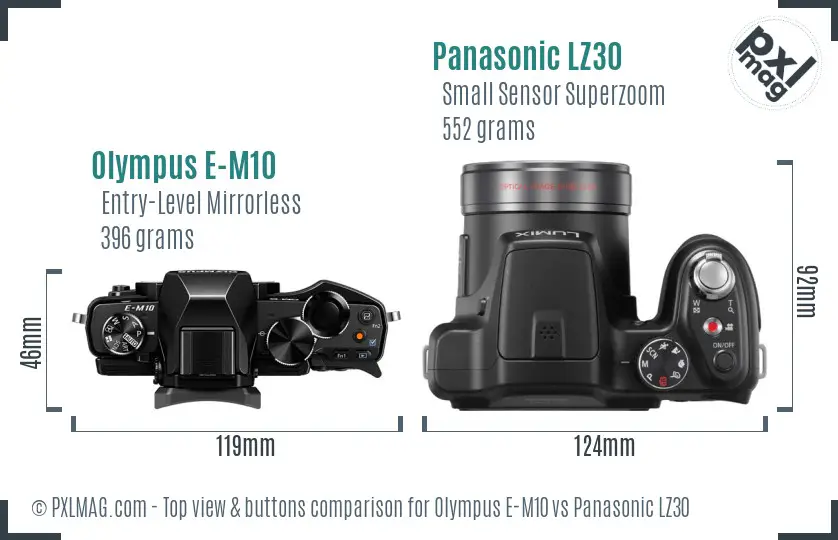 Olympus E-M10 vs Panasonic LZ30 top view buttons comparison