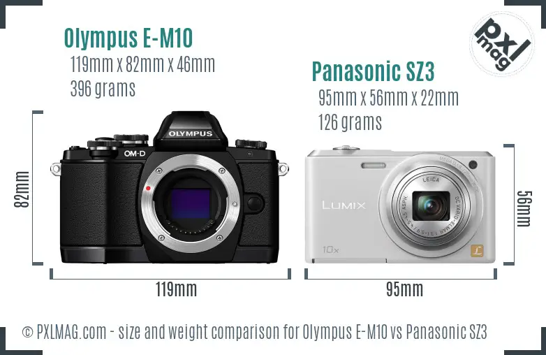 Olympus E-M10 vs Panasonic SZ3 size comparison