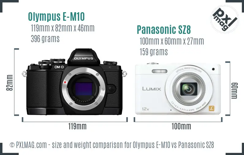 Olympus E-M10 vs Panasonic SZ8 size comparison Olympus E-M10 vs Panasonic SZ8 size comparison