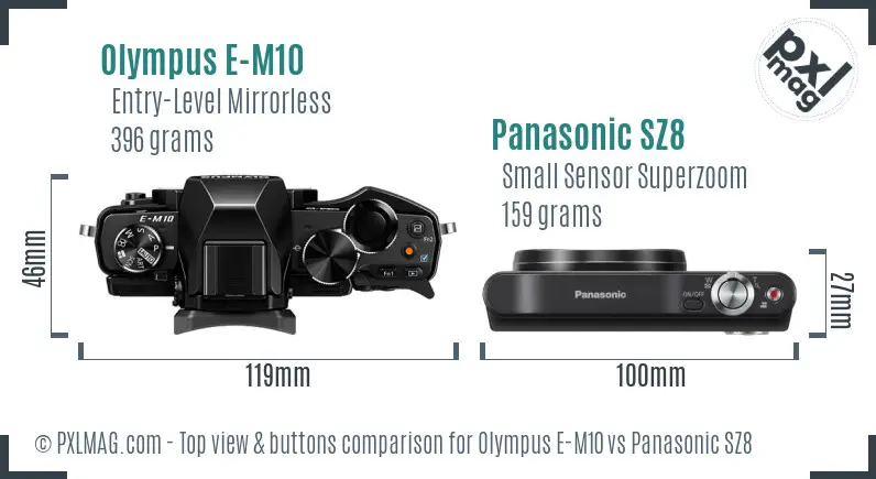 Olympus E-M10 vs Panasonic SZ8 top view buttons comparison Olympus E-M10 vs Panasonic SZ8 top view buttons comparison