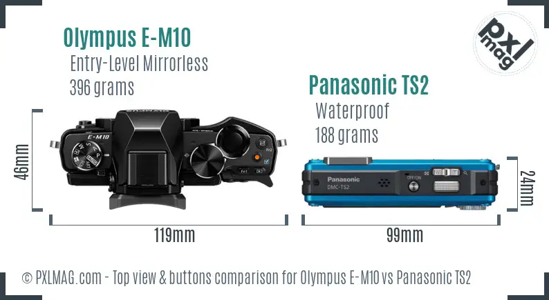 Olympus E-M10 vs Panasonic TS2 top view buttons comparison