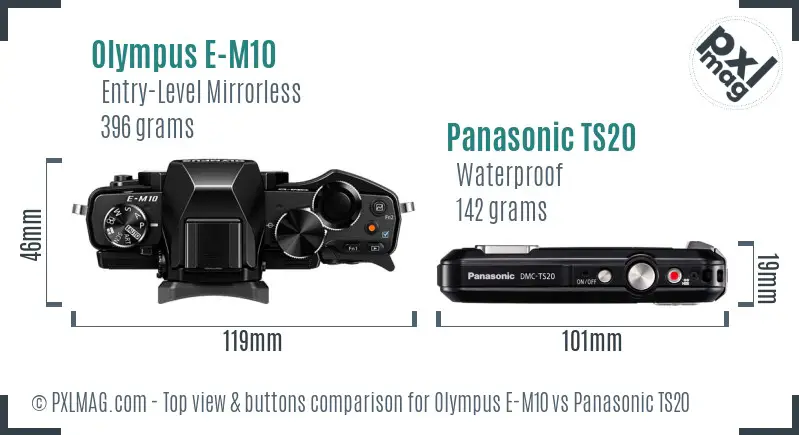 Olympus E-M10 vs Panasonic TS20 top view buttons comparison