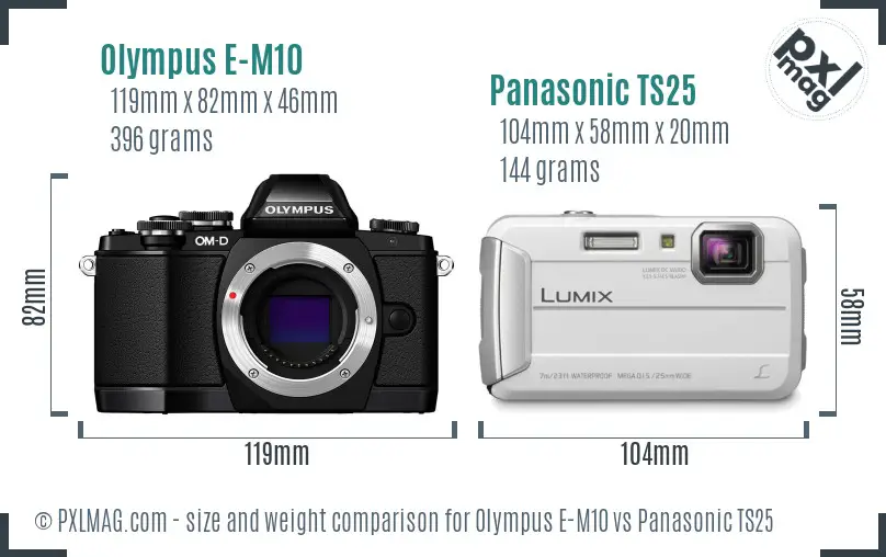 Olympus E-M10 vs Panasonic TS25 size comparison