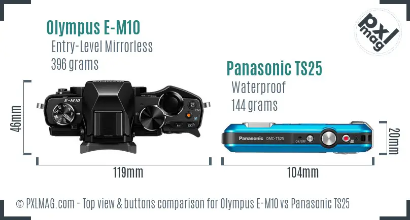 Olympus E-M10 vs Panasonic TS25 top view buttons comparison