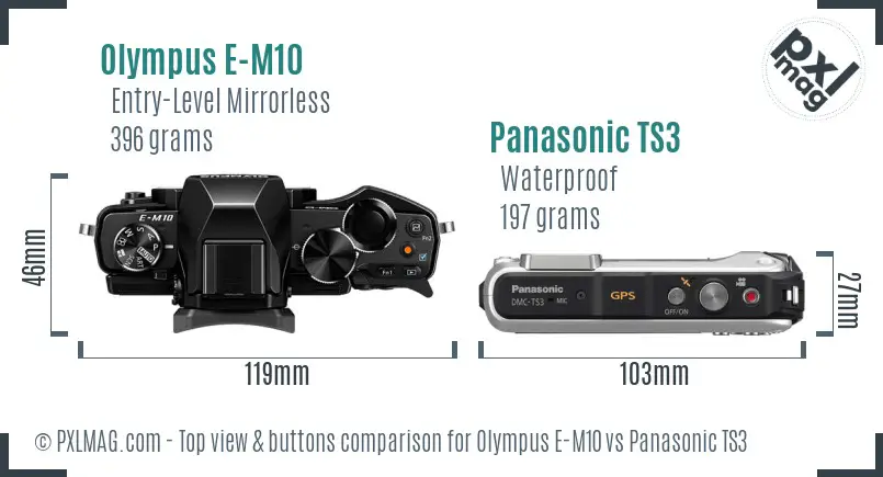 Olympus E-M10 vs Panasonic TS3 top view buttons comparison