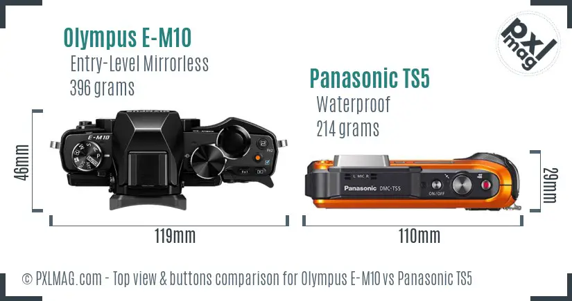 Olympus E-M10 vs Panasonic TS5 top view buttons comparison