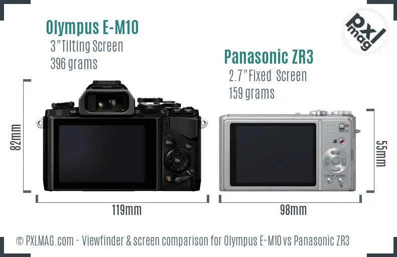 Olympus E-M10 vs Panasonic ZR3 Screen and Viewfinder comparison