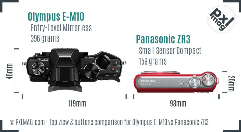 Olympus E-M10 vs Panasonic ZR3 top view buttons comparison