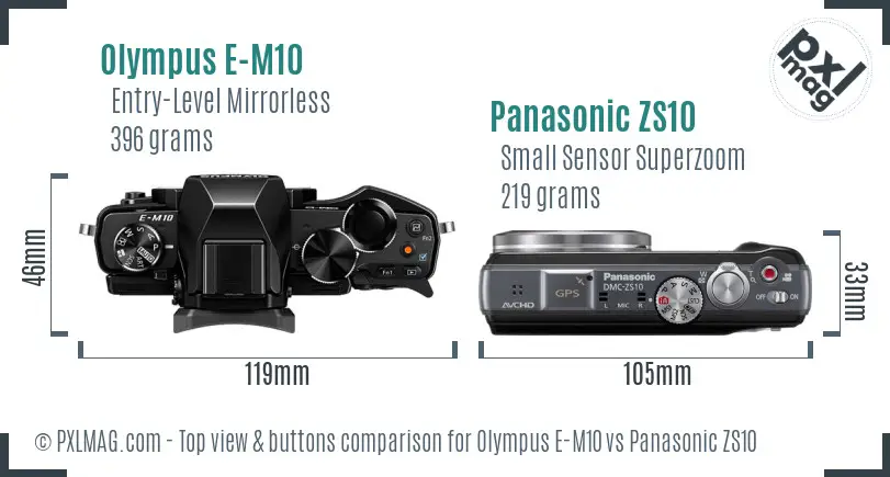 Olympus E-M10 vs Panasonic ZS10 top view buttons comparison