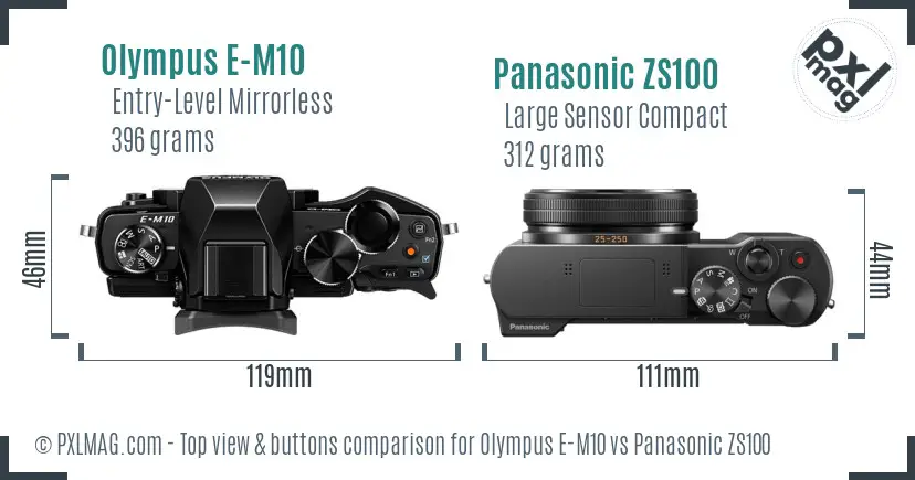 Olympus E-M10 vs Panasonic ZS100 top view buttons comparison