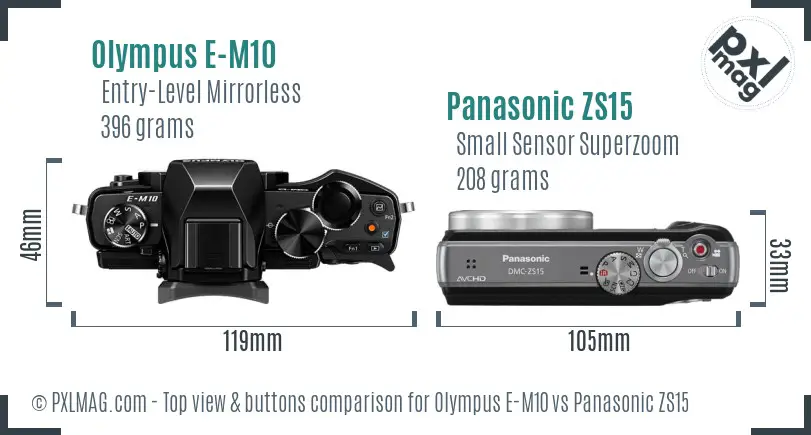 Olympus E-M10 vs Panasonic ZS15 top view buttons comparison