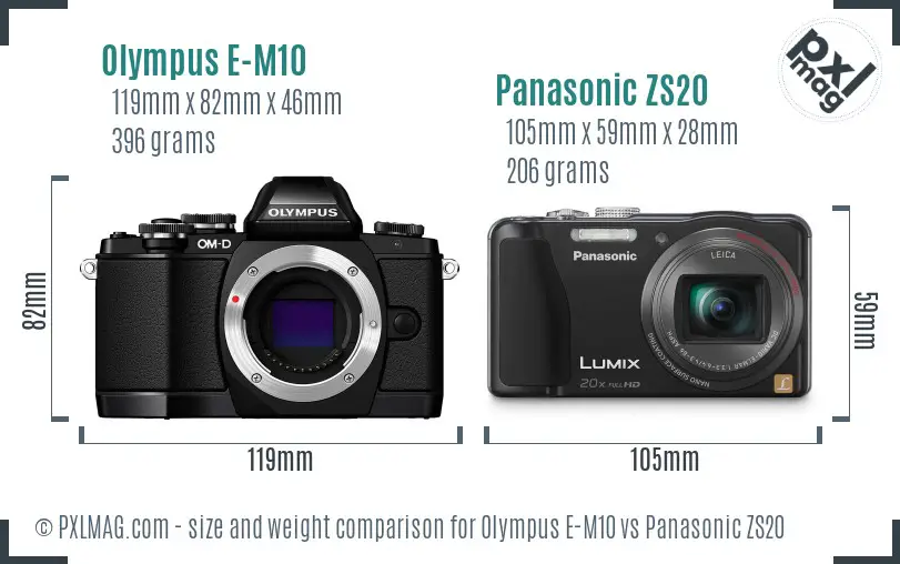 Olympus E-M10 vs Panasonic ZS20 size comparison