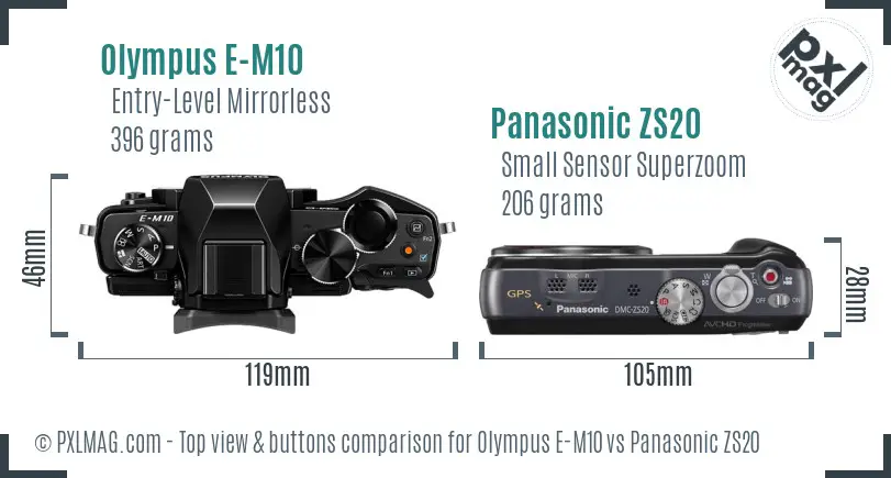 Olympus E-M10 vs Panasonic ZS20 top view buttons comparison