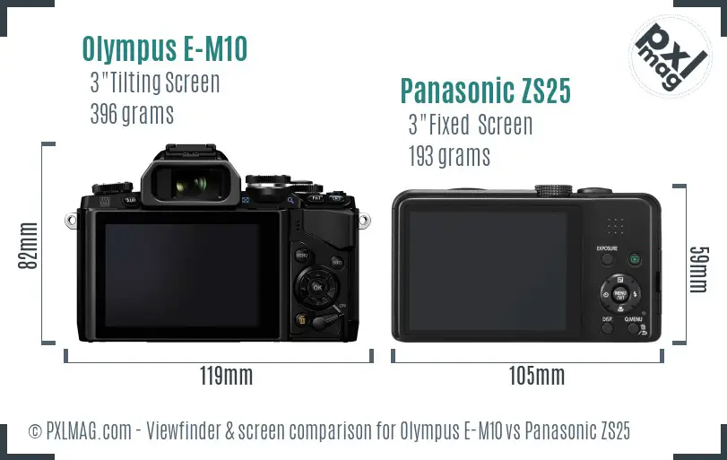 Olympus E-M10 vs Panasonic ZS25 Screen and Viewfinder comparison