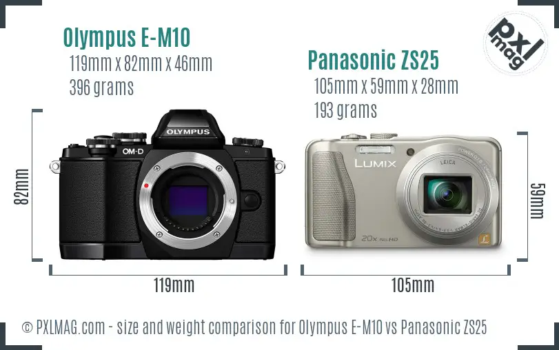 Olympus E-M10 vs Panasonic ZS25 size comparison