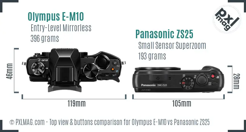 Olympus E-M10 vs Panasonic ZS25 top view buttons comparison