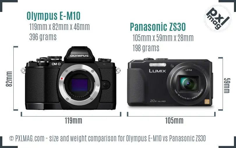 Olympus E-M10 vs Panasonic ZS30 size comparison