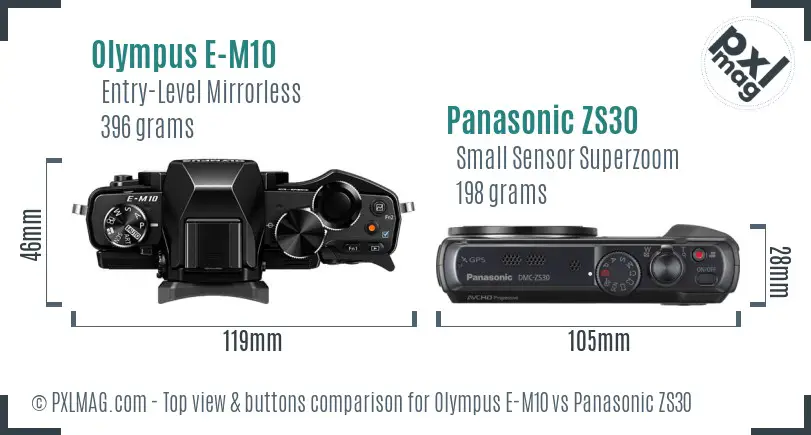 Olympus E-M10 vs Panasonic ZS30 top view buttons comparison