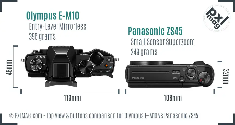 Olympus E-M10 vs Panasonic ZS45 top view buttons comparison