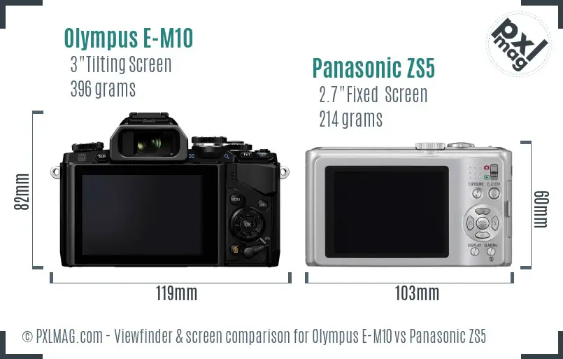Olympus E-M10 vs Panasonic ZS5 Screen and Viewfinder comparison