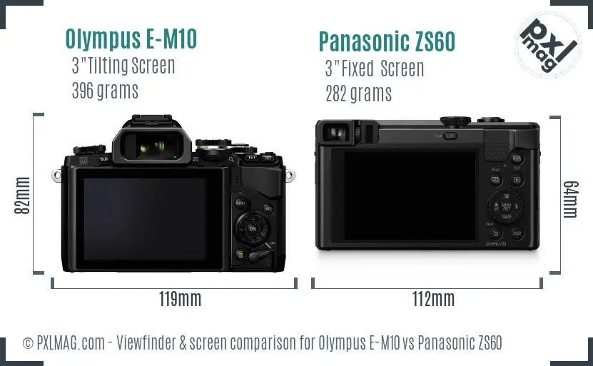 Olympus E-M10 vs Panasonic ZS60 Screen and Viewfinder comparison