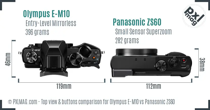 Olympus E-M10 vs Panasonic ZS60 top view buttons comparison