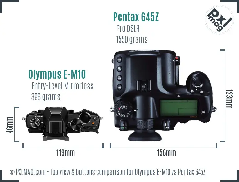 Olympus E-M10 vs Pentax 645Z top view buttons comparison