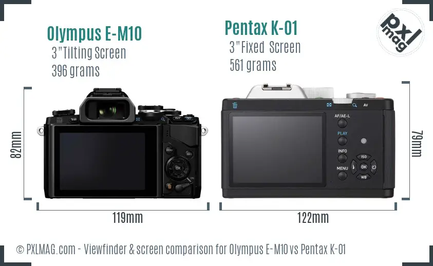 Olympus E-M10 vs Pentax K-01 Screen and Viewfinder comparison