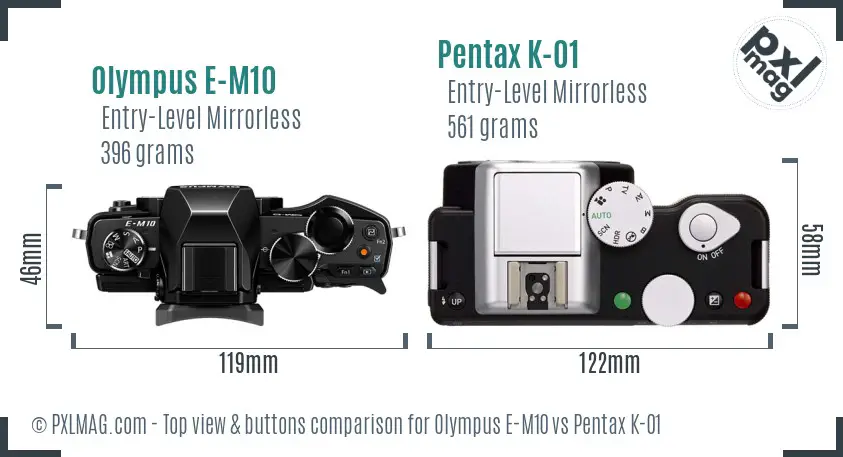 Olympus E-M10 vs Pentax K-01 top view buttons comparison