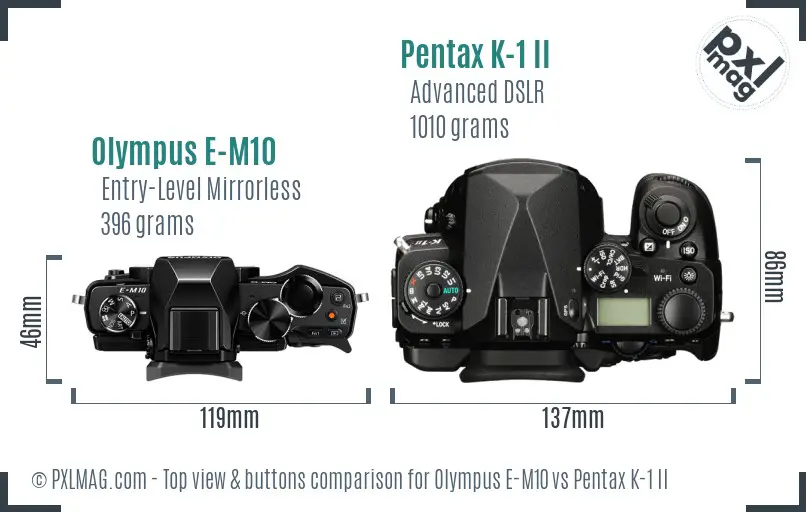 Olympus E-M10 vs Pentax K-1 II top view buttons comparison
