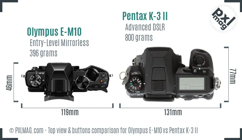 Olympus E-M10 vs Pentax K-3 II top view buttons comparison