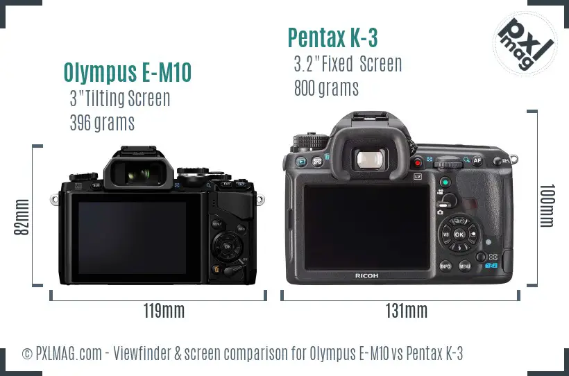 Olympus E-M10 vs Pentax K-3 Screen and Viewfinder comparison