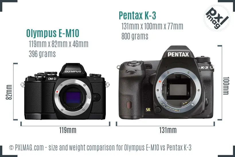 Olympus E-M10 vs Pentax K-3 size comparison