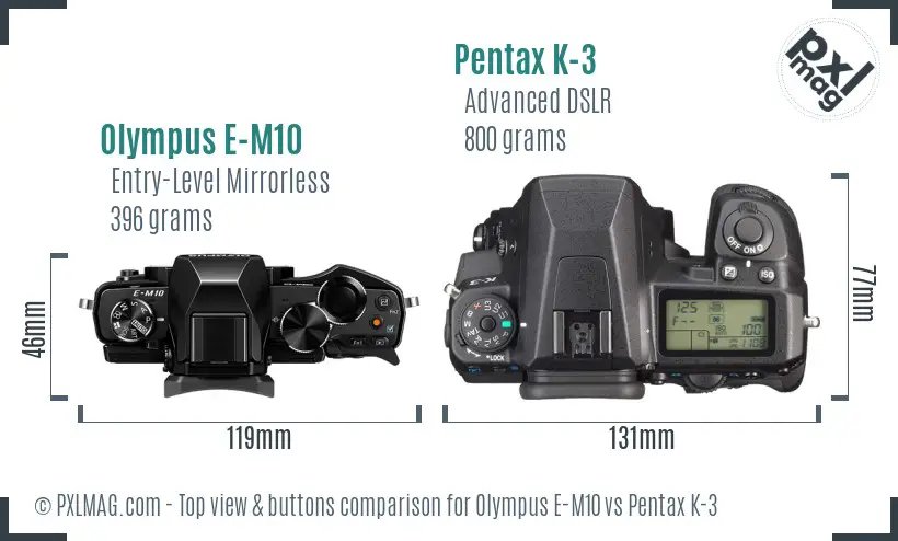 Olympus E-M10 vs Pentax K-3 top view buttons comparison