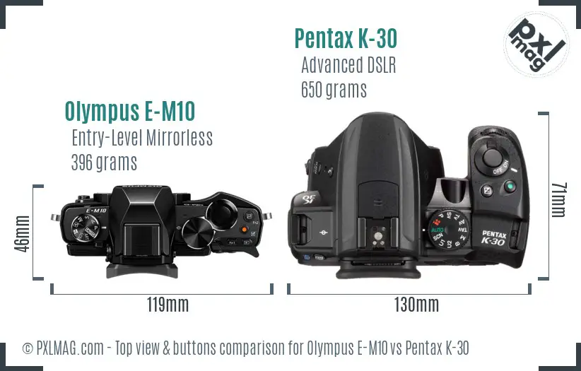 Olympus E-M10 vs Pentax K-30 top view buttons comparison