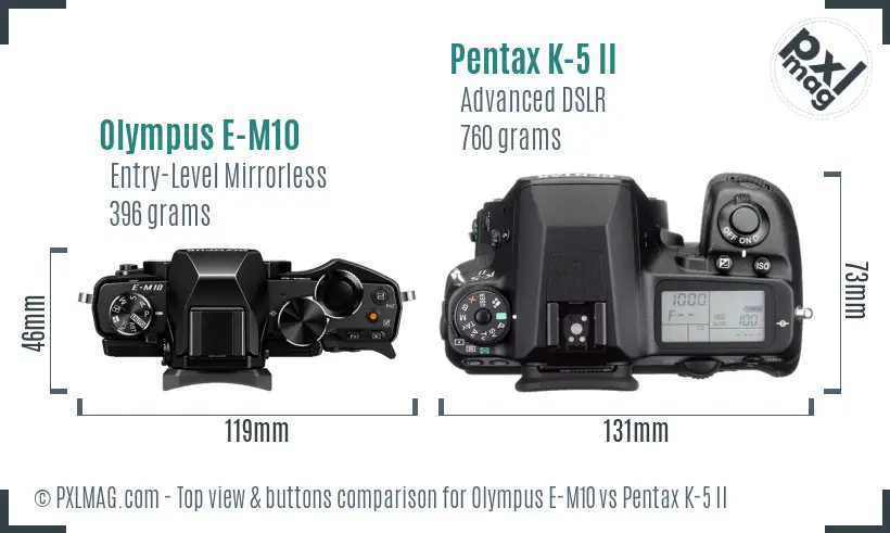 Olympus E-M10 vs Pentax K-5 II top view buttons comparison