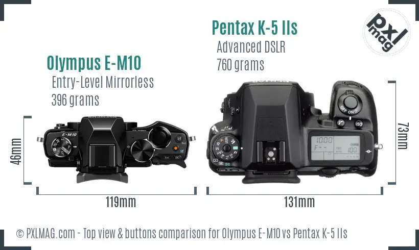 Olympus E-M10 vs Pentax K-5 IIs top view buttons comparison