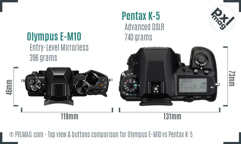 Olympus E-M10 vs Pentax K-5 top view buttons comparison