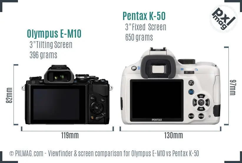 Olympus E-M10 vs Pentax K-50 Screen and Viewfinder comparison