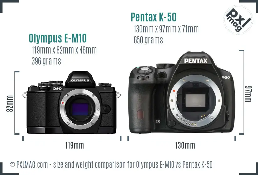 Olympus E-M10 vs Pentax K-50 size comparison