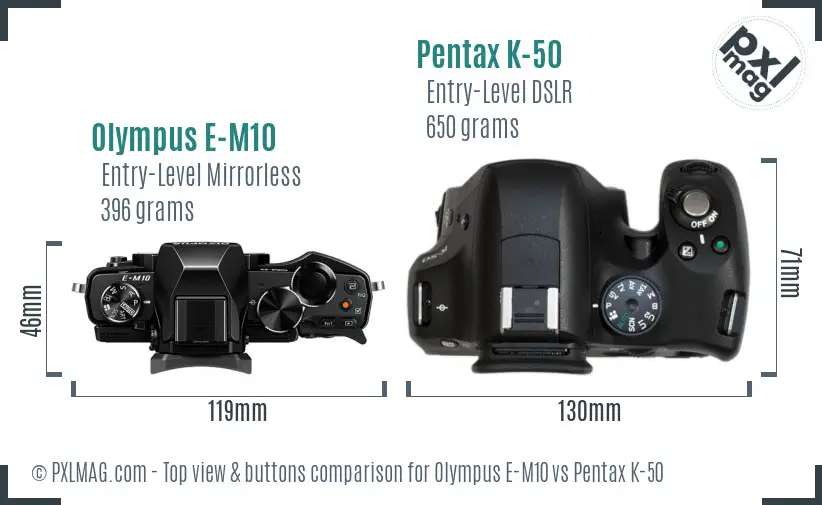 Olympus E-M10 vs Pentax K-50 top view buttons comparison