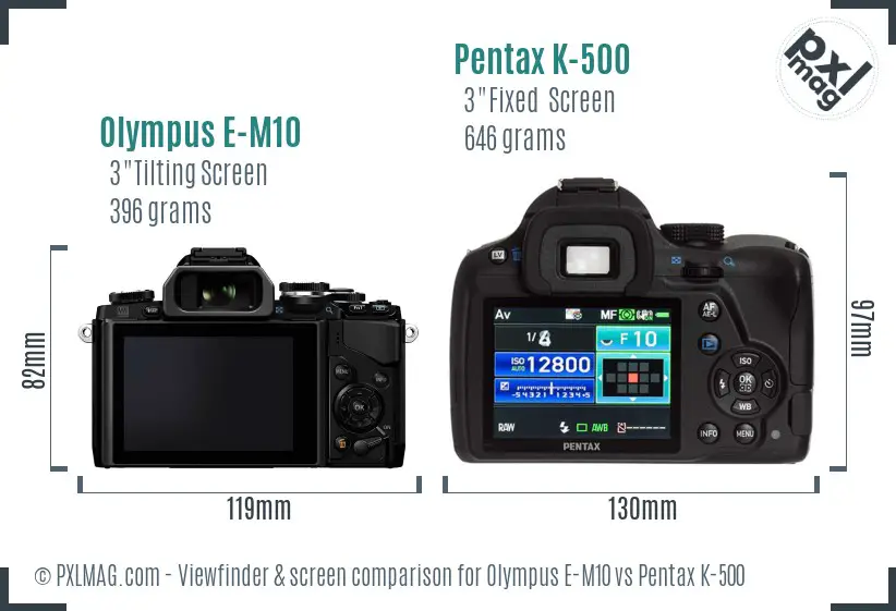 Olympus E-M10 vs Pentax K-500 Screen and Viewfinder comparison