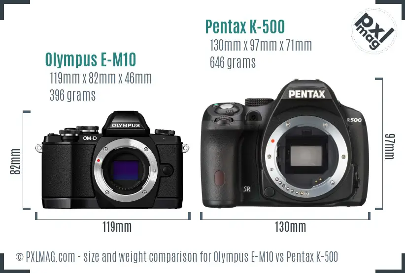 Olympus E-M10 vs Pentax K-500 size comparison
