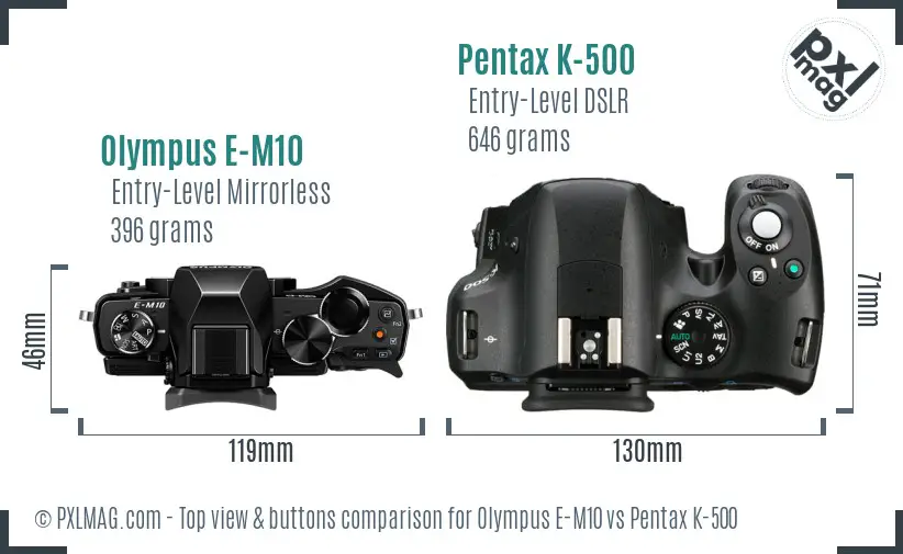 Olympus E-M10 vs Pentax K-500 top view buttons comparison